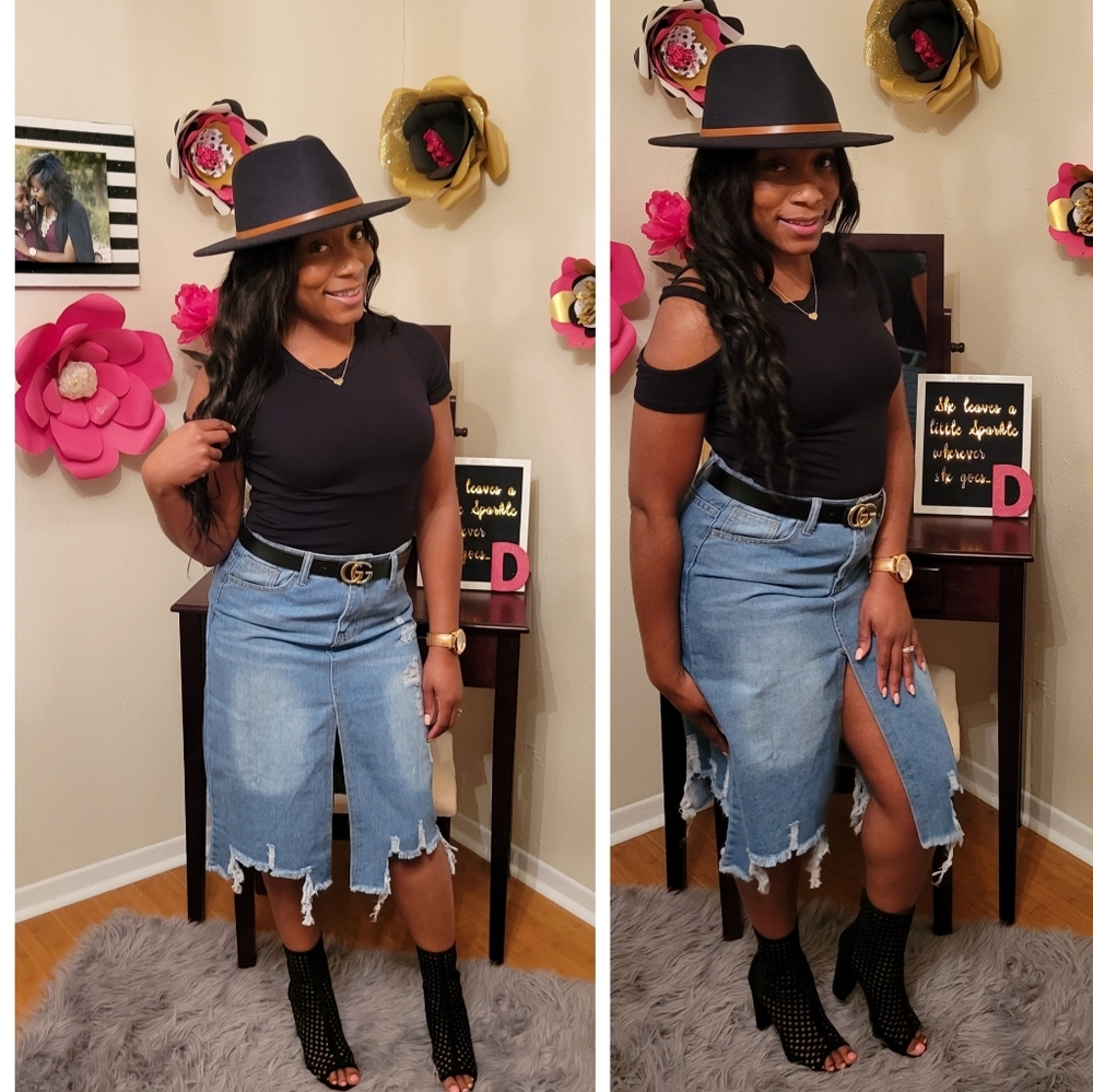 Distress light blue jean skirt